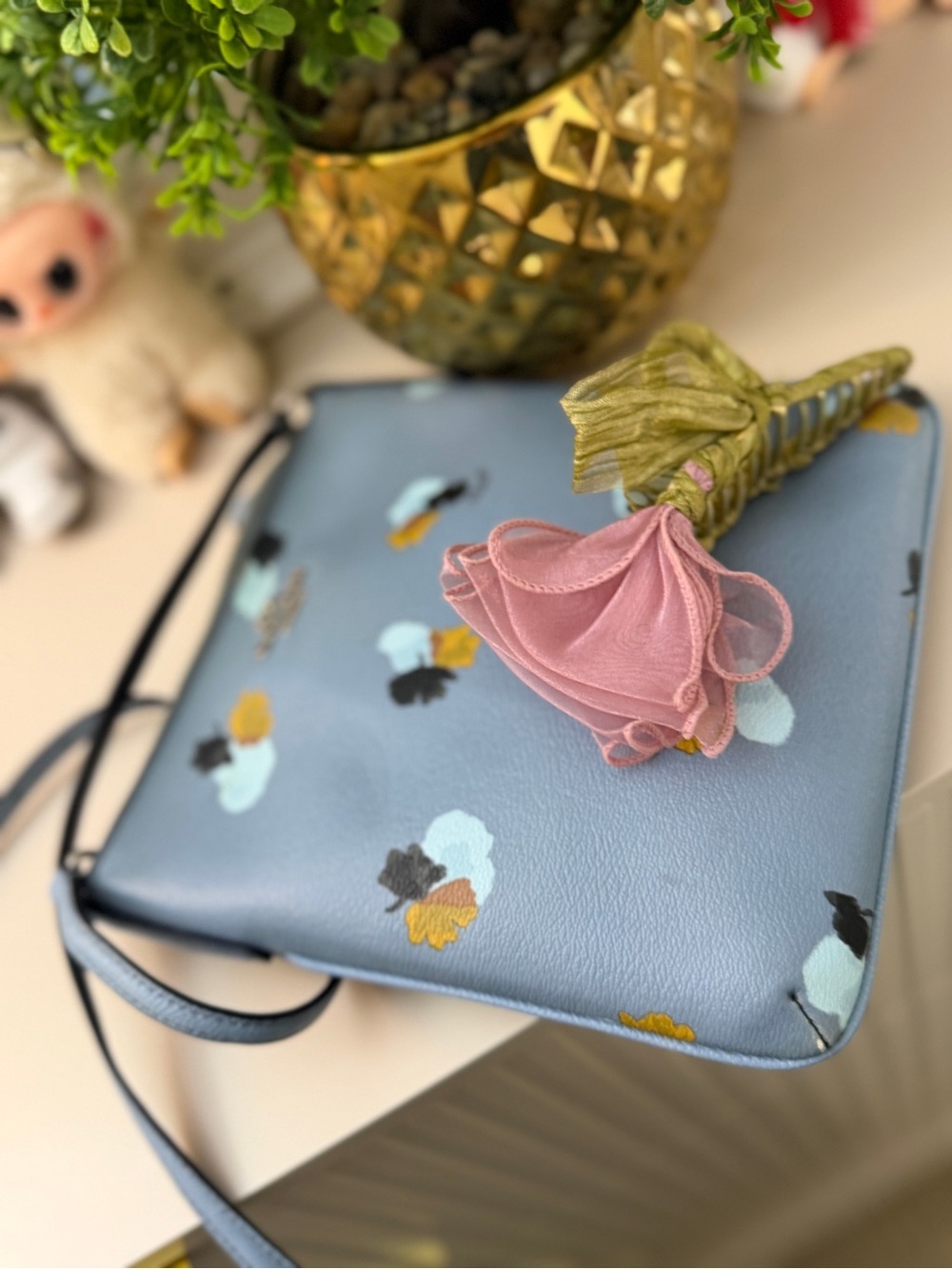 Coach Blue Floral Kids Crossbody with Pink Flower Accent